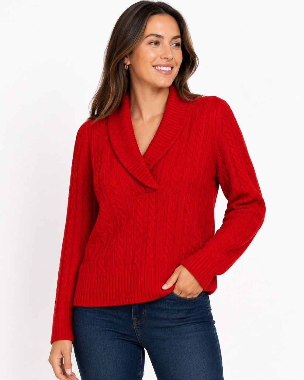 Lauren Ralph Lauren Red 100% Cashmere Cable Knit Shawl Collar Sweater Size Large